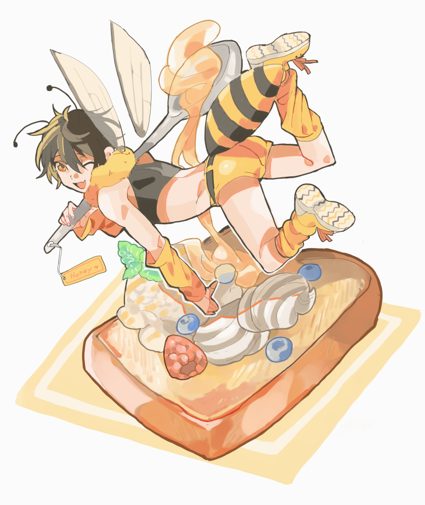 1boy, abdomen_tail, antennae, arthropod_boy, ass, bad_id, bad_pixiv_id, bee_boy, blueberry, boots, brown_hair, fang, food, french_toast, fruit, highres, honey, hymkky3, insect_wings, looking_at_viewer, male_focus, midriff, one_eye_closed, raspberry, shorts, simple_background, skin_fang, sleeveless, smile, spoon, tank_top, whipped_cream, wings, yellow_boots, yellow_eyes, yellow_shorts