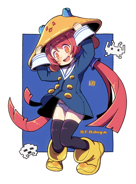 1girl, black_thighhighs, blue_dress, blush, boots, commentary, dress, english_commentary