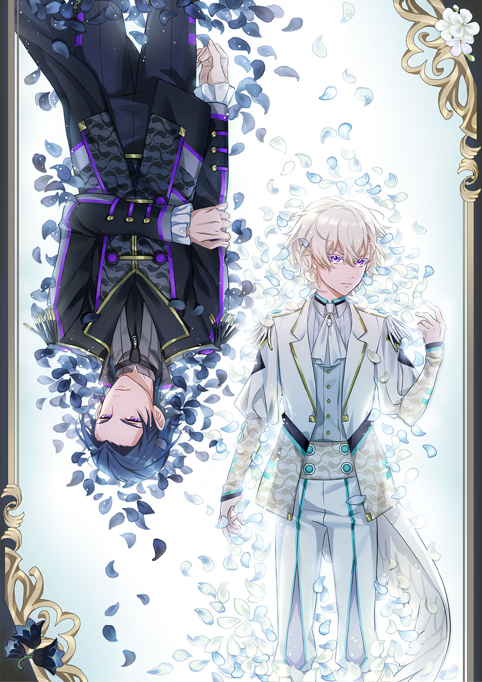 2boys, blonde_hair, blue_hair, ascot, highres, idol_clothes, kamijou_uta, looking_at_viewer, male_focus, multiple_boys, necktie, official_art, petals, purple_eyes, readyyy!, shimizu_genshin, upside-down