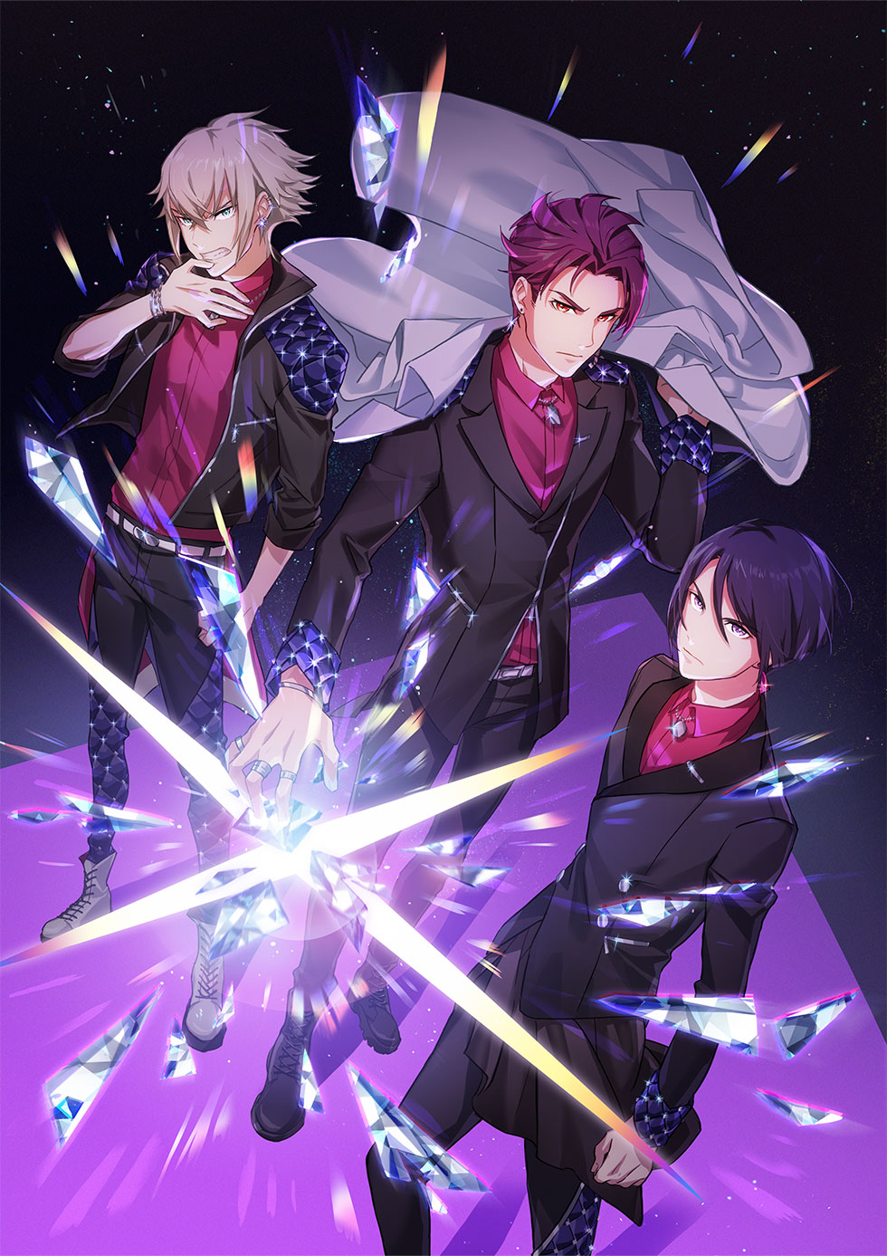 3boys, blonde_hair, boots, brown_hair, earrings, hair_between_eyes, highres, idol_clothes, jacket, unworn_jacket, jewelry, kousaka_ango, looking_at_viewer, male_focus, multiple_boys, munakata_touya, necklace, official_art, purple_hair, readyyy!, red_shirt, ring, shirt, usui_chihiro