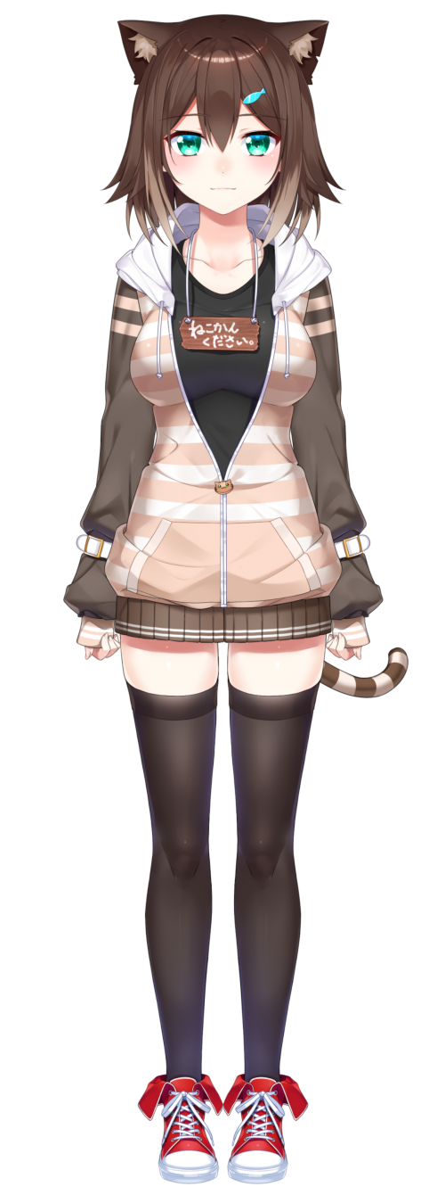 1girl, animal_ears, black_shirt, black_thighhighs, blush, breasts, brown_hair, brown_skirt