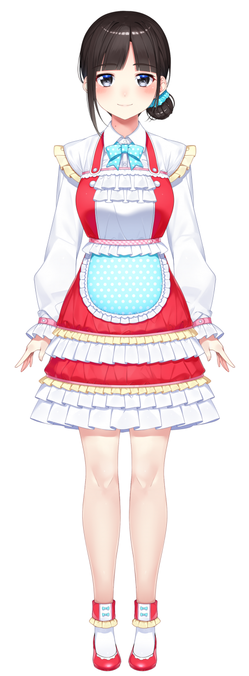 1girl, apron, black_eyes, black_hair, blue_bow, blunt_bangs, blush, bow