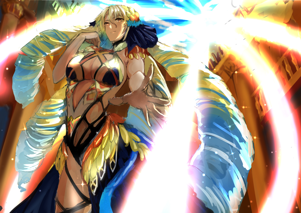 1girl, astraea_(fate), astraea_(second_ascension)_(fate), blonde_hair, blush, breasts, cleavage, drill_hair