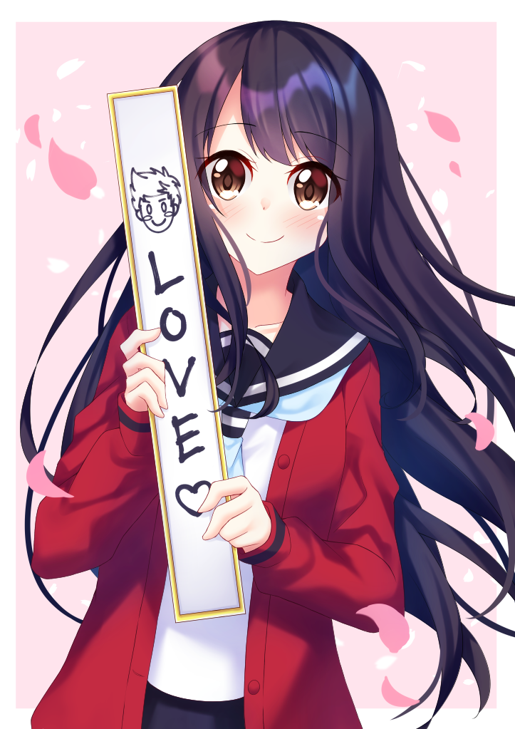 1girl, black_hair, blush, brown_eyes, busujima_eiji, female_focus, holding, kitsuneco