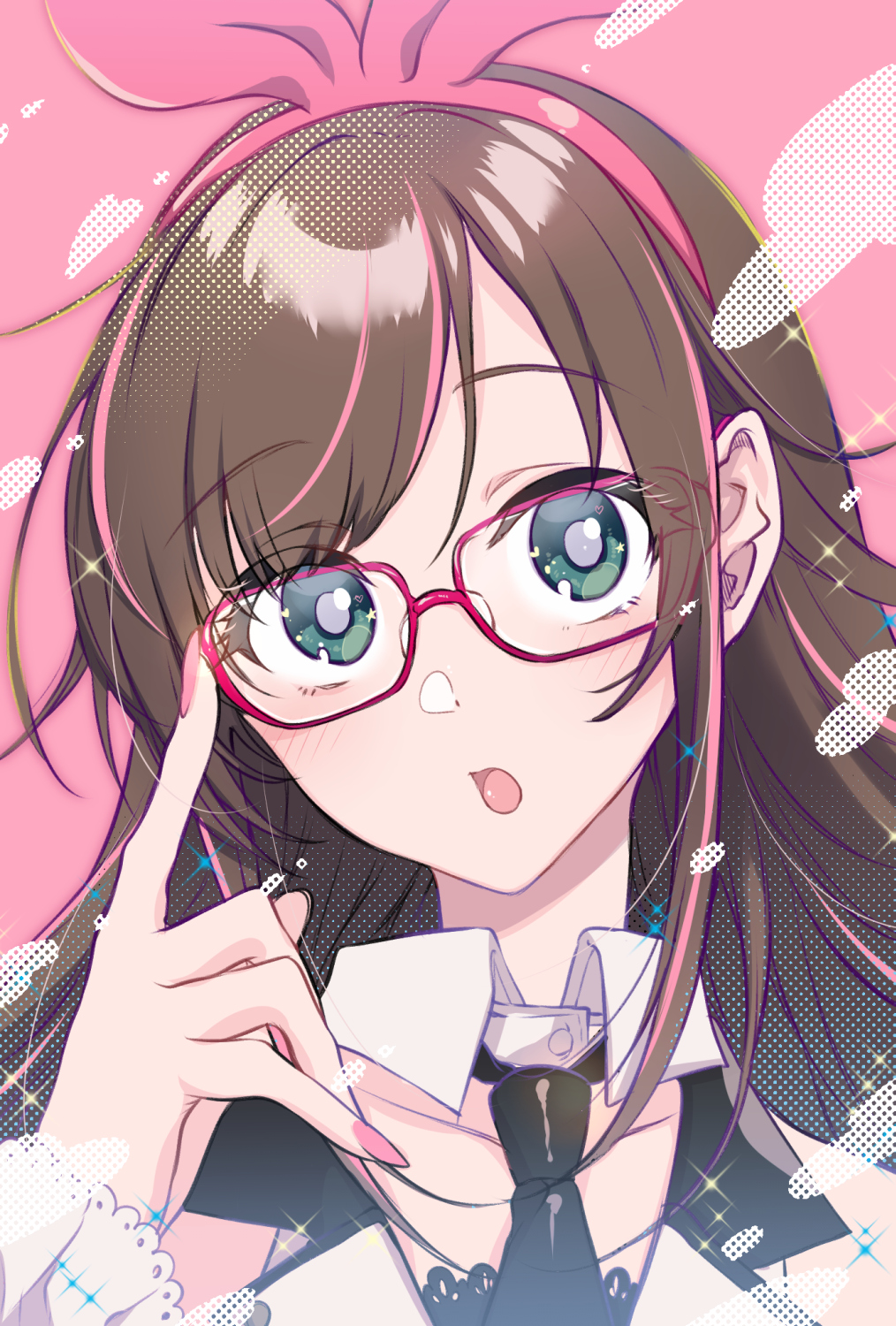 1girl, black_necktie, brown_hair, commentary_request, eyes_visible_through_hair, female_focus, glasses, green_eyes