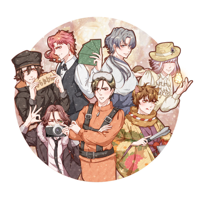 6+boys, absurdres, ahoge, animal_ears, ascot, bad_id, bad_pixiv_id, black_coat, black_neckwear, brown_eyes, brown_hair, camera, character_request, closed_eyes, coat, code:realize, copyright_request, creator_connection, crossed_arms, diabolik_lovers, formal_clothes, gloves, goggles, goggles_on_head, green_eyes, grey_eyes, grey_hair, hair_between_eyes, hat, hedgehog, highres, hirakawa_daisuke, japanese_clothes, jojo_no_kimyou_na_bouken, kakyoin_noriaki, licking_lips, long_hair, long_sleeves, looking_at_viewer, male_focus, mio_rin, multiple_boys, necktie, pink_hair, ponytail, saint_germain_(code:realize), sakami_raito, simple_background, stardust_crusaders, straw_hat, tongs, tongue, tongue_out, vest, voice_actor_connection, voice_actor_tribute, white_vest