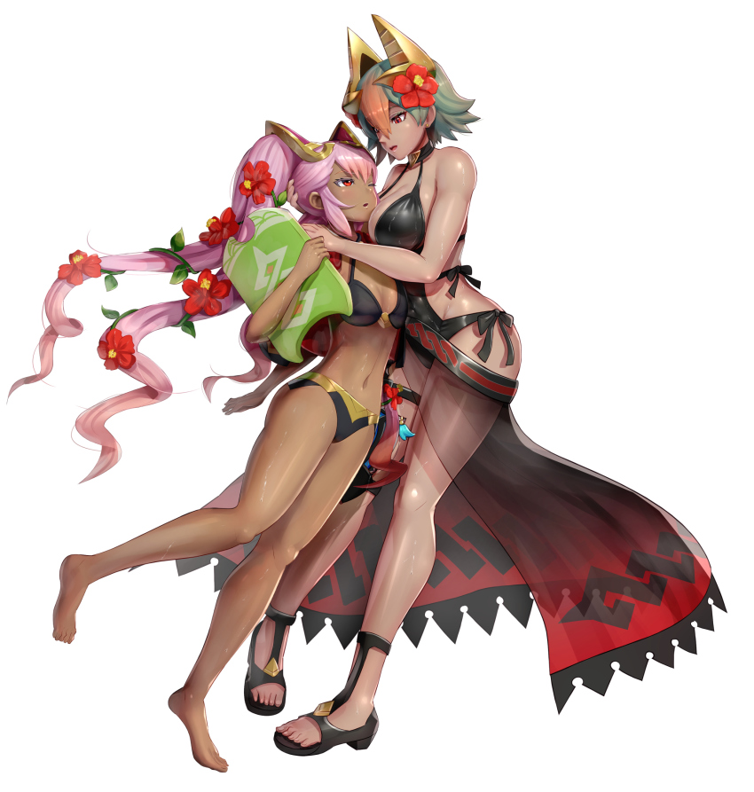2girls, bare_arms, bare_legs, bare_shoulders, barefoot, bikini, black_bikini, black_footwear, black_one-piece_swimsuit, breasts, cleavage, commentary_request, dark-skinned_female, dark_skin, earrings, feet, fire_emblem, fire_emblem_heroes, flower, full_body, gonzarez, gradient_hair, green_hair, hair_between_eyes, hair_flower, hair_ornament, halterneck, hand_on_another's_head, height_difference, highres, intelligent_systems, jewelry, kickboard, laegjarn_(fire_emblem), laegjarn_(summer)_(fire_emblem), laevatein_(fire_emblem), laevatein_(summer)_(fire_emblem), laevateinn_(fire_emblem), large_breasts, leaning_on_person, long_hair, looking_at_another, multicolored_hair, multiple_girls, navel, nintendo, one-piece_swimsuit, one_eye_closed, open_mouth, orange_hair, pink_hair, plant, red_eyes, red_flower, sandals, sarong, see-through_clothes, short_hair, siblings, side-tie_bikini_bottom, simple_background, sisters, standing, standing_on_one_leg, swimsuit, thigh_strap, toes, twintails, very_long_hair, vines, white_background