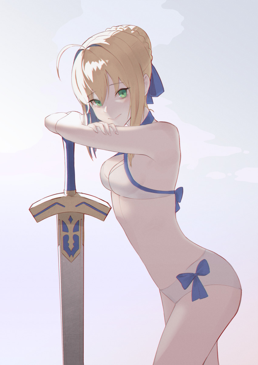1girl, absurdres, ahoge, artoria_pendragon_(fate), bikini, blonde_hair, blue_bow, blue_ribbon, blush, bow, breasts, excalibur_(fate/stay_night), fate/grand_order, fate_(series), gaegoni, green_eyes, hair_between_eyes, hair_ribbon, highres, looking_at_viewer, navel, ribbon, saber_(fate), saber_(swimsuit_archer)_(first_ascension)_(fate), short_hair, small_breasts, swimsuit, white_bikini