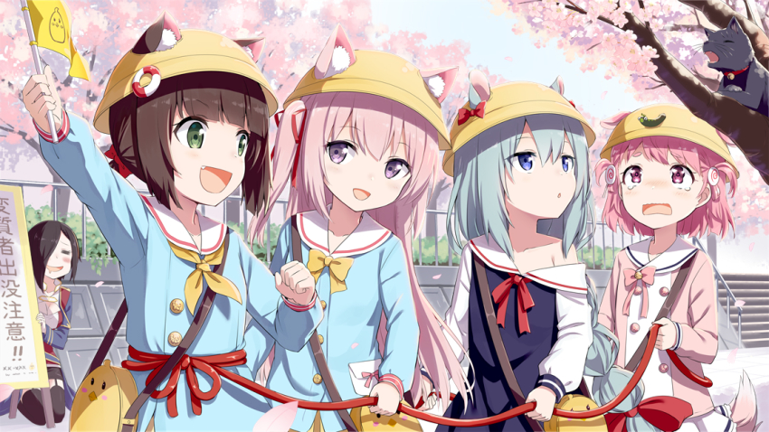 5girls, :d, =_=, animal, animal_ear_fluff, animal_ears, ark_royal_(azur_lane), arm_up