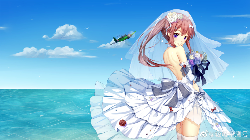 1girl, absurdres, ahoge, aircraft, airplane, alternate_costume, backless_dress, backless_outfit, bare_shoulders, bird, blue_eyes, blue_flower, blue_sky, bouquet, bridal_veil, bride, brown_hair, cloud, day, dress, elbow_gloves, female_focus, flower, gloves, hair_flower, hair_ornament, highres, holding, holding_bouquet, jun'you_(warship_girls_r), long_hair, neet_cangshu, ocean, outdoors, purple_flower, rose, seagull, side_ponytail, skirt, sky, solo, strapless, strapless_dress, thighhighs, veil, warship_girls_r, watermark, wedding_dress, weibo_watermark, white_dress, white_flower, white_gloves, white_rose, white_thighhighs