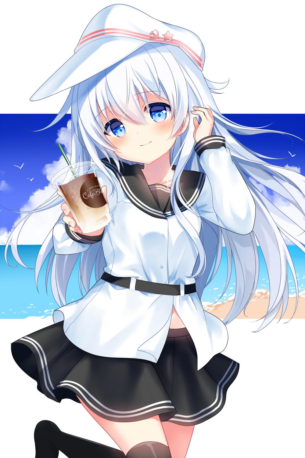 1girl, beach, bird, black_skirt, black_thighhighs, blue_eyes, blush, cafe_au_lait, coffee, cup, day, drink, drinking_straw, female_focus, flat_cap, hammer_and_sickle, hat, hibiki_(kancolle), highres, holding, holding_cup, kantai_collection, long_hair, long_sleeves, motohara_moka, sailor_collar, sand, skirt, sky, smile, solo, star_(symbol), thighhighs, verniy_(kancolle), white_hair, white_hat