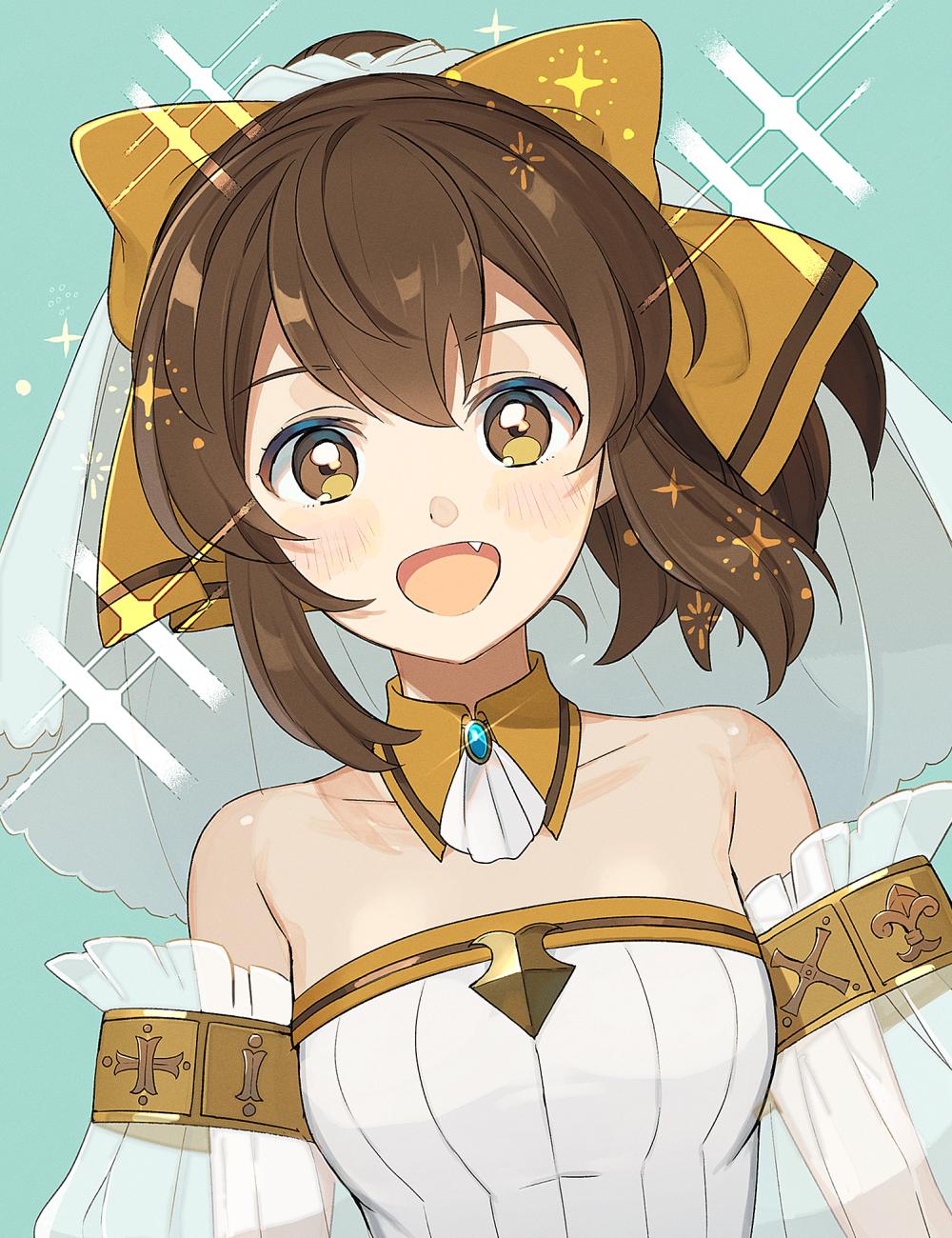1girl, bare_shoulders, blush, bow, brown_eyes, brown_hair, delthea_(fire_emblem), dress
