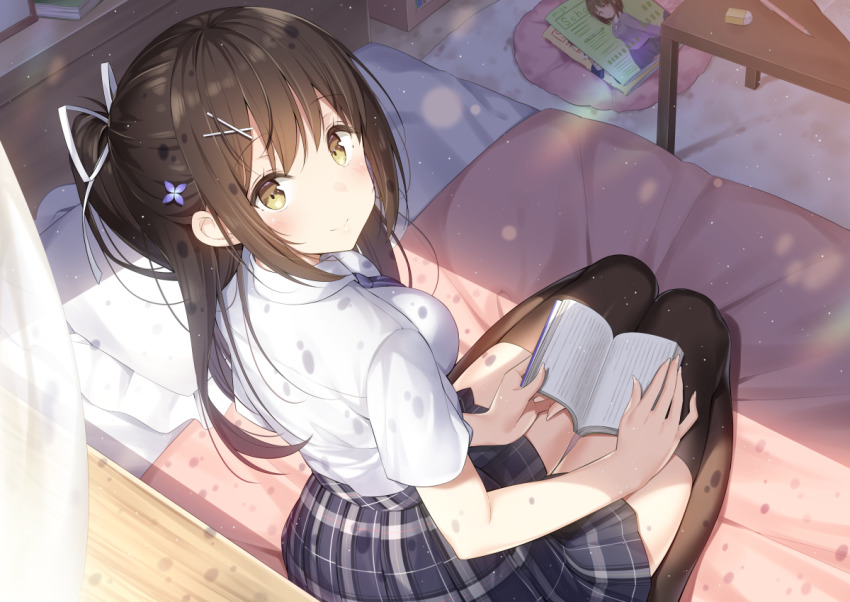 1girl, bed, blush, book, breasts, brown_eyes, brown_hair, brown_thighhighs, closed_mouth, collared_shirt, commentary_request, curtains, day, eraser, female_focus, flower, frilled_pillow, frills, from_behind, grey_skirt, hair_flower, hair_ornament, hair_ribbon, hairclip, hatsuki_kaname, indoors, long_hair, looking_at_viewer, looking_back, mechanical_pencil, on_bed, open_book, original, pencil, pillow, plaid_clothes, plaid_skirt, pleated_skirt, ponytail, purple_flower, ribbon, seiza, shirt, short_sleeves, sidelocks, sitting, skirt, small_breasts, smile, solo, table, thighhighs, white_ribbon, white_shirt