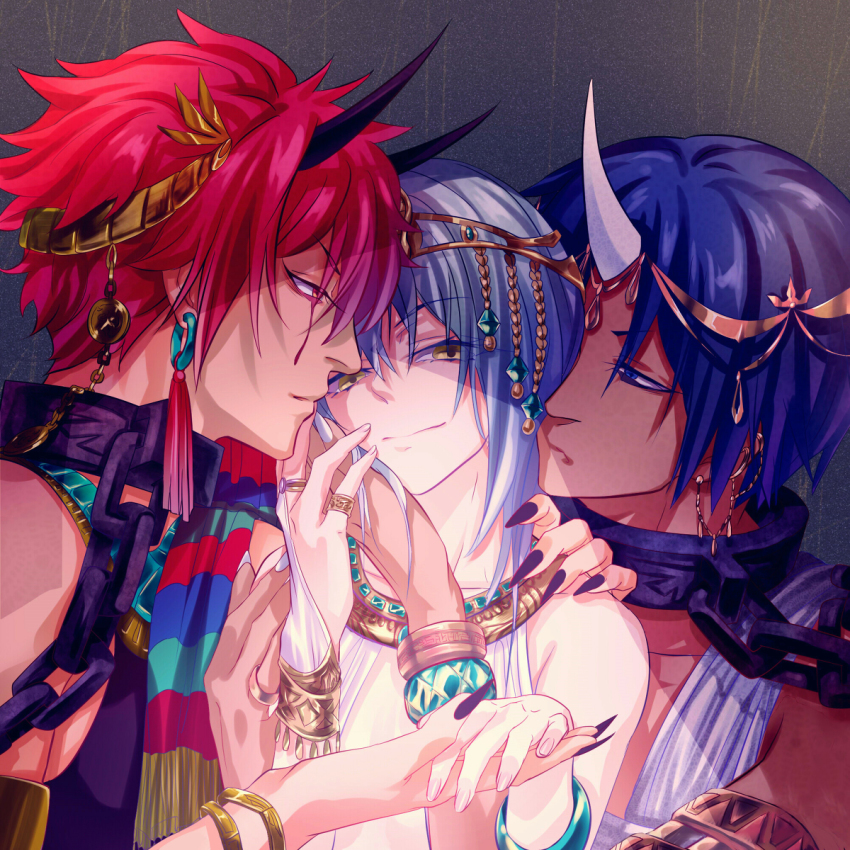 3boys, benimaru_(tensura), blue_hair, holding_hands, highres, jewelry, male_focus, multiple_boys