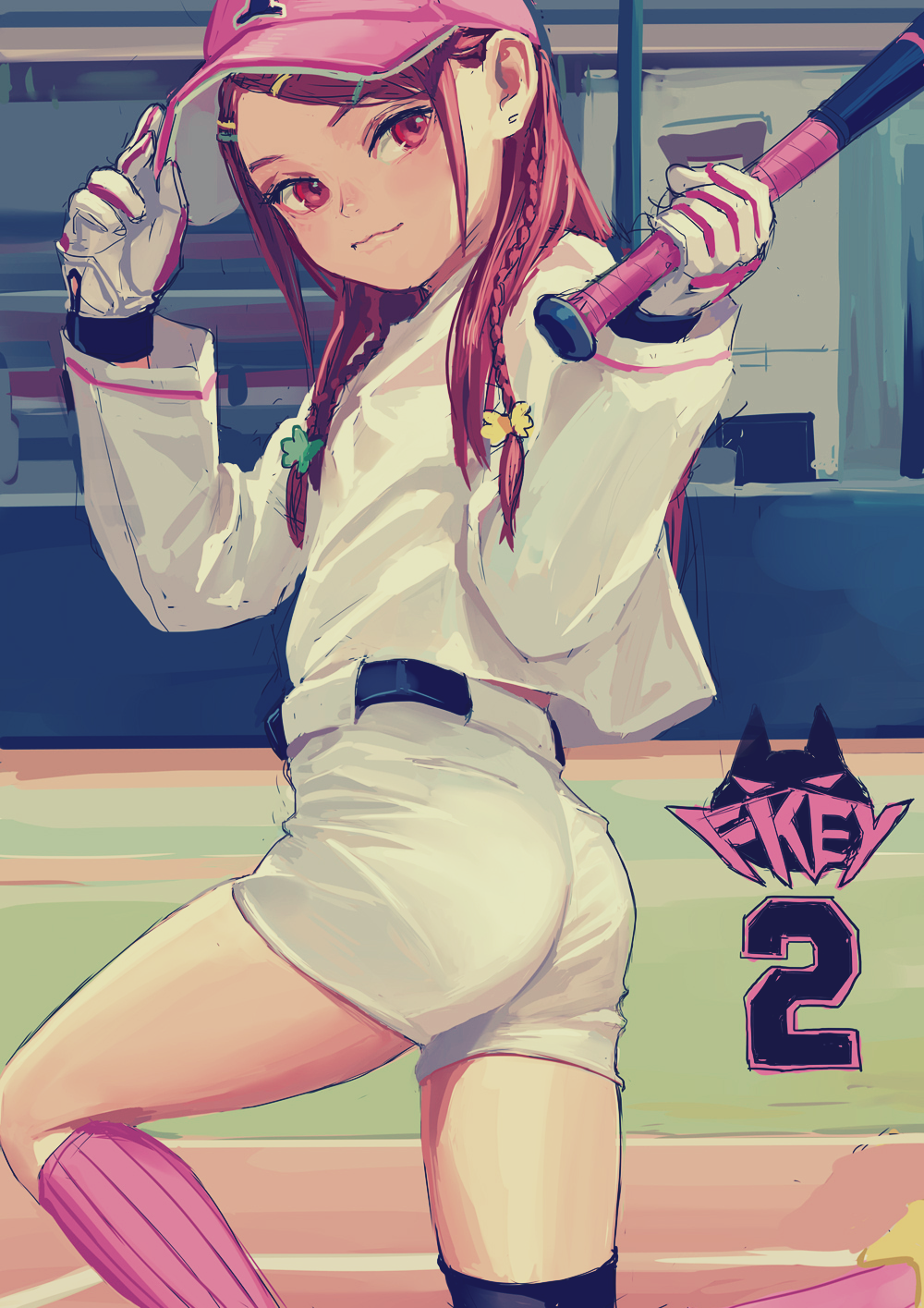 1girl, artist_name, ass, baseball, baseball_bat, braid, child, cowboy_shot, female_focus, fkey, hat, highres, holding, long_hair, long_sleeves, looking_at_viewer, matching_hair/eyes, original, outdoors, pantylines, red_eyes, red_hair, smile, softball, solo, standing