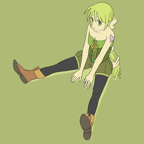 1girl, 72yan, bare_shoulders, black_pantyhose, bow, breasts, bug, butterfly, choker, cleavage, closed_mouth, commentary_request, female_focus, green_eyes, insect, long_hair, lowres, multi-tied_hair, pantyhose, ponytail, ribbon, saga, saga_frontier_2, shorts, simple_background, solo, tattoo, very_long_hair, virginia_knights