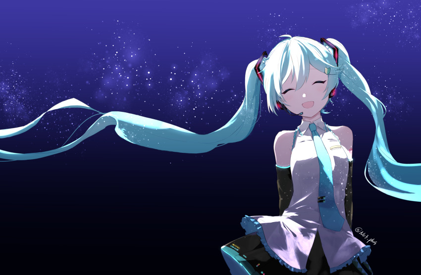 ^_^, absurdres, aqua_eyes, aqua_hair, aqua_necktie, arms_behind_back, bare_shoulders, black_skirt