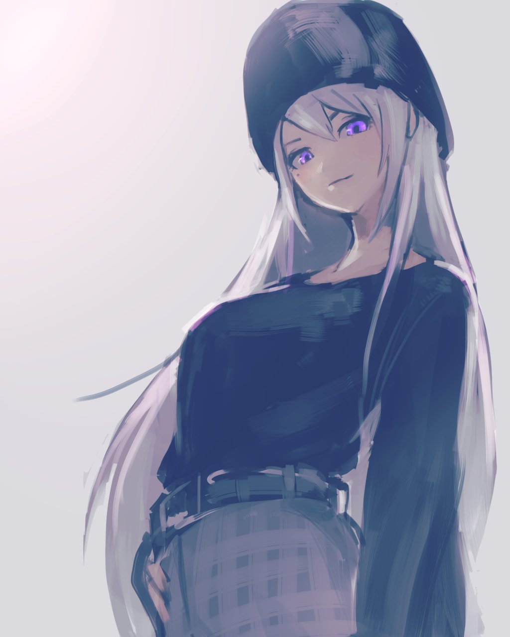 1girl, alternate_hairstyle, arm_at_side, belt, black_shirt, commentary, cowboy_shot, female_focus