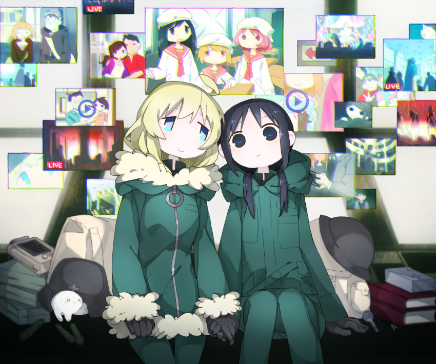 2girls, ahoge, backpack, bag, beret, black_eyes, black_hair, blonde_hair