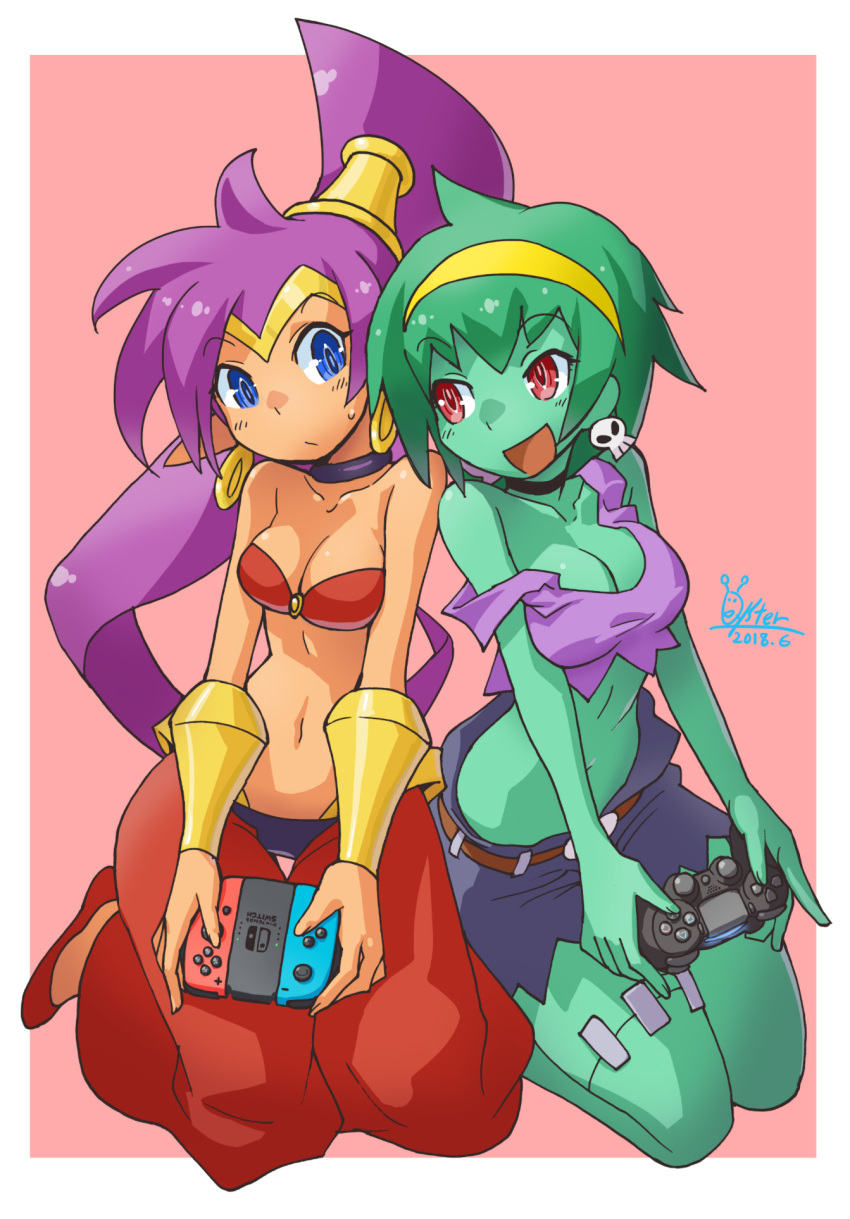 2girls, arabian_clothes, blue_eyes, breasts, choker, cleavage, colored_skin, dark-skinned_female, dark_skin, earrings, female_focus, game_controller, green_hair, green_skin, highres, jewelry, kneeling, midriff, multiple_girls, navel, nintendo_switch_controller, open_mouth, oyster_(artist), playstation_controller, pointy_ears, ponytail, purple_hair, red_eyes, rottytops, shantae, shantae_(series), stitches, strap_slip, thigh_gap, zombie