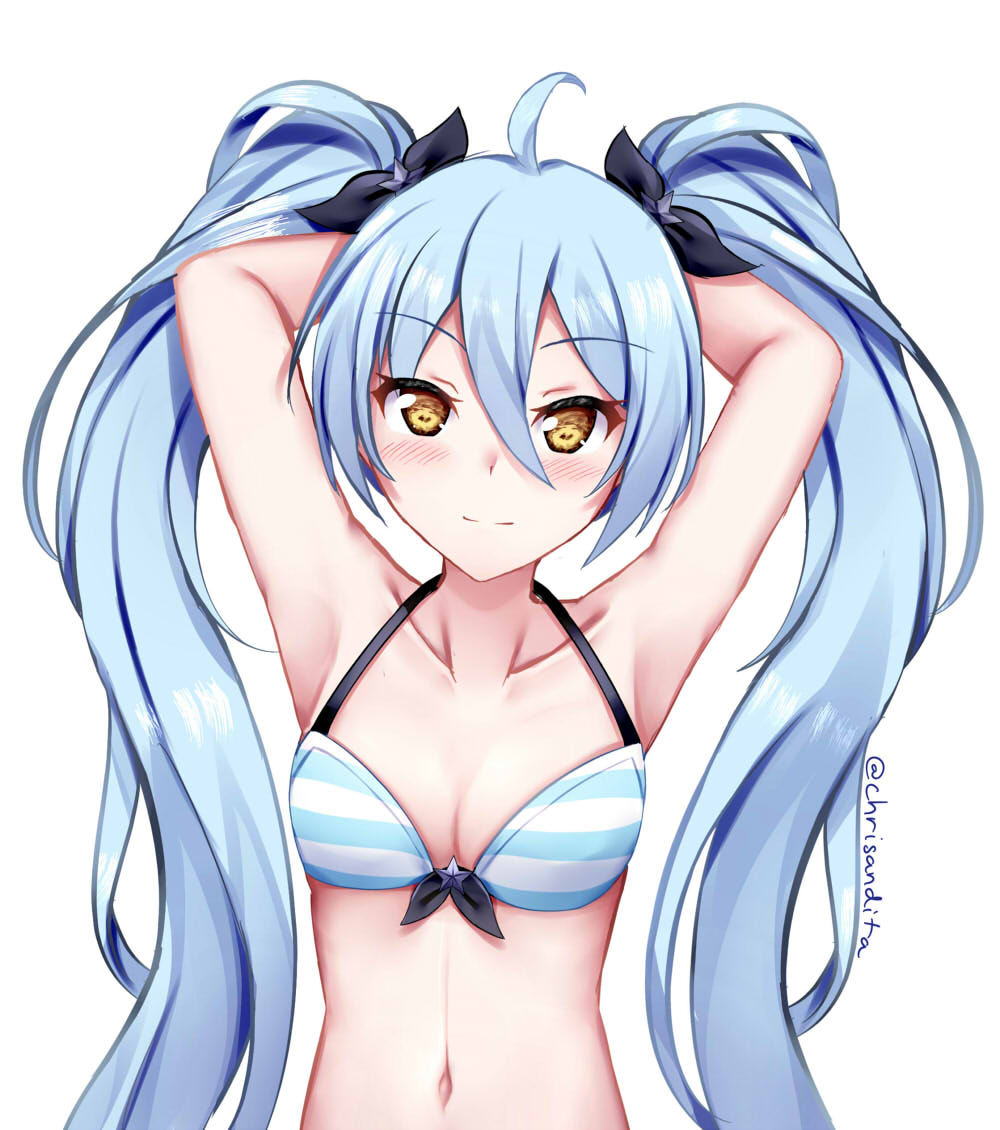 1girl, ahoge, armpits, arms_behind_head, arms_up, artist_name, bare_arms, bare_shoulders, bikini, blue_bikini, blue_hair, breasts, brown_eyes, chrisandita, cleavage, collarbone, female_focus, front-tie_bikini_top, front-tie_top, hair_between_eyes, hair_ribbon, halterneck, king's_raid, long_hair, looking_at_viewer, navel, ribbon, simple_background, small_breasts, solo, sonia_(king's_raid), star_(symbol), stomach, striped_bikini, striped_clothes, swimsuit, twintails, upper_body, very_long_hair, white_background