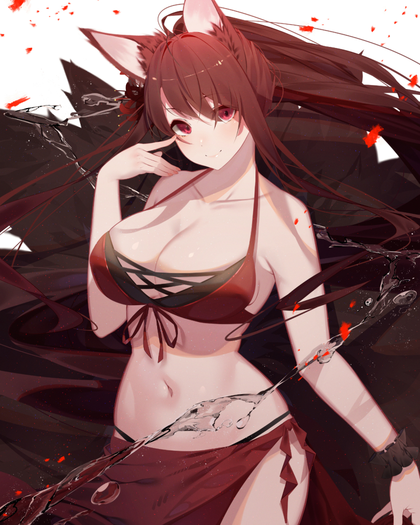 1girl, akagi_(azur_lane), akagi_(paradise_amaryllis)_(azur_lane), animal_ears, azur_lane, bad_id, bad_pixiv_id, bare_shoulders, bikini, blush, breasts, brown_hair, cleavage, collarbone, cowboy_shot, floating_hair, fox_ears, fox_tail, highres, kisui_(28992125), large_breasts, long_hair, looking_at_viewer, multiple_tails, navel, red_bikini, red_eyes, smile, stomach, swimsuit, tail, water