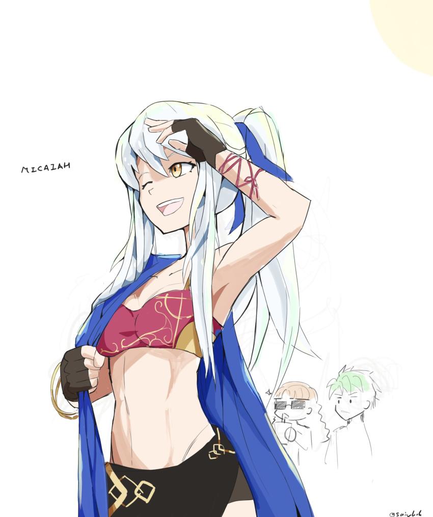 1boy, 2girls, armlet, bikini, black_bikini, blue_scarf, bracelet, breasts