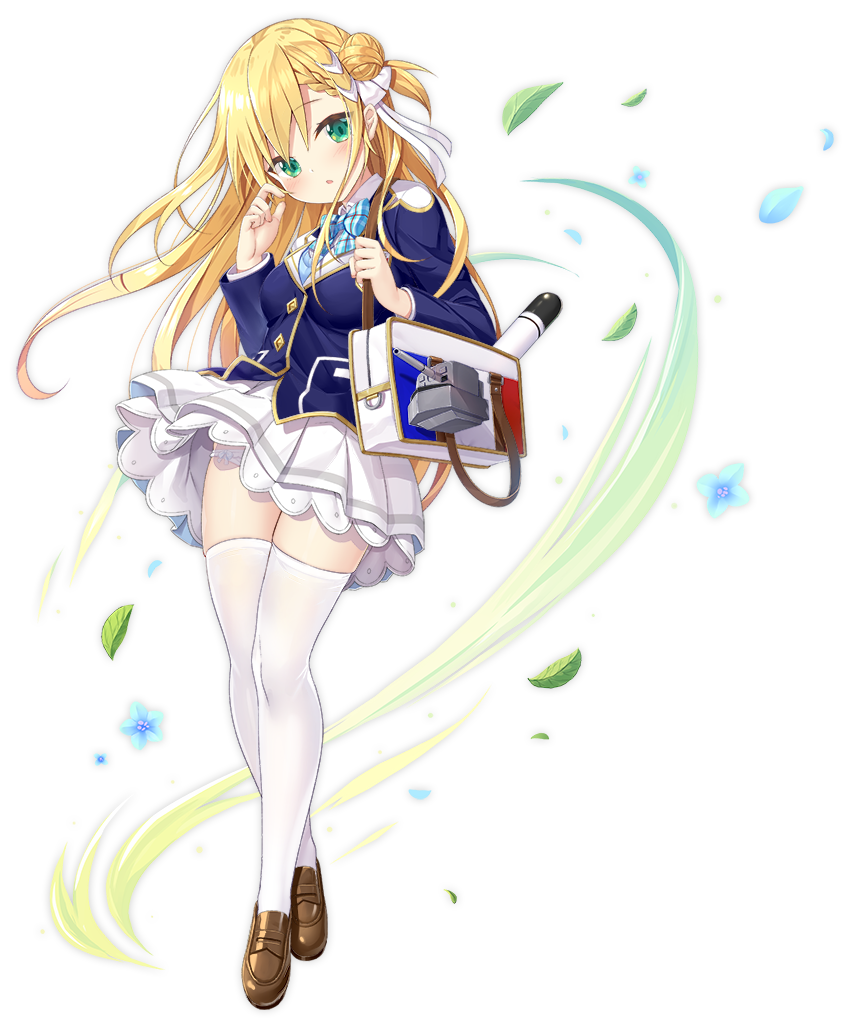 1girl, azur_lane, bag, blonde_hair, bow, breasts, brown_shoes, duffel_bag, female_focus, forbin_(azur_lane), forbin_(ecole_de_chevalier)_(azur_lane), full_body, green_eyes, hair_bow, hair_bun, hair_ribbon, loafers, long_hair, looking_at_viewer, medium_breasts, official_alternate_costume, official_art, panties, parted_lips, ribbon, school_uniform, shoes, single_hair_bun, skirt, solo, thighhighs, torpedo, transparent_background, underwear, white_bow, white_panties, white_ribbon, white_skirt, white_thighhighs, yano_mitsuki_(nanairo)