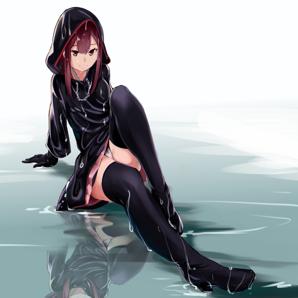 1girl, black_gloves, black_thighhighs, boots, coat, female_focus, gloves, japanese_clothes, kamikaze_(kancolle), kantai_collection, latex, latex_gloves, latex_legwear, long_hair, panties, rain, raincoat, red_hair, reflection, sitting, skin_tight, skirt, smile, solo, thigh_boots, thighhighs, thighs, underwear, vi3r6ein