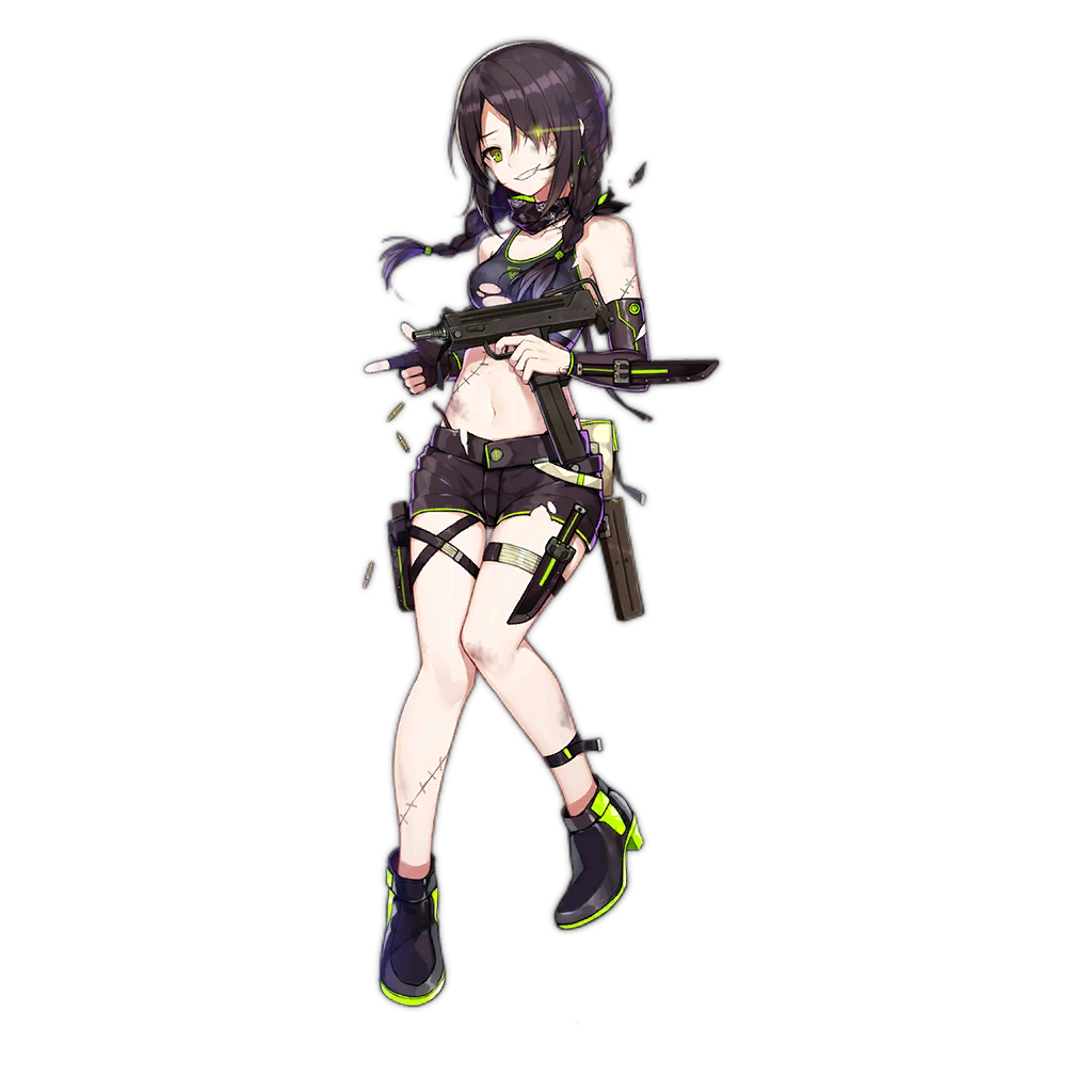 1girl, ammunition, ankle_boots, arm_sheath, bandana, belt_pouch, black_gloves, black_hair