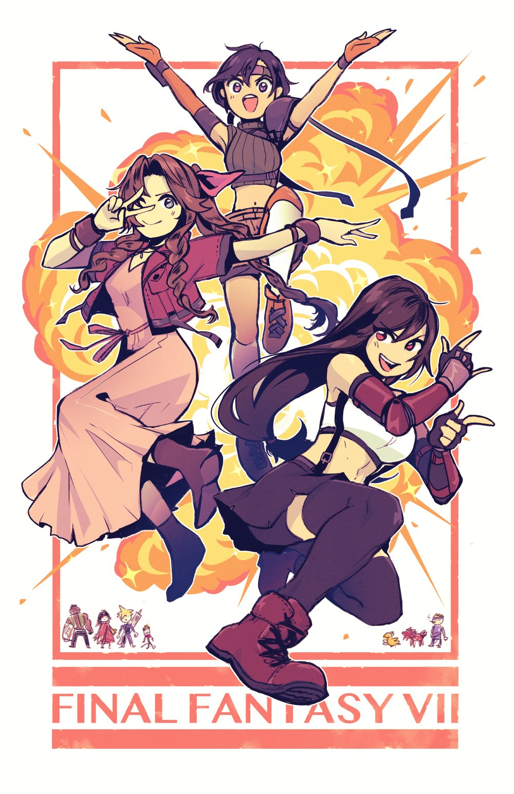 3girls, aerith_gainsborough, arm_guards, asymmetrical_gloves, barret_wallace, bike_shorts, black_hair, black_skirt, brown_hair, cait_sith_(final_fantasy), cheppo, child's_drawing, chocobo, cid_highwind, cloud_strife, copyright_name, cropped_jacket, dress, elbow_gloves, explosion, final_fantasy, final_fantasy_vii, final_fantasy_vii_remake, gloves, highres, long_hair, looking_at_viewer, low-tied_long_hair, m/, multiple_girls, outstretched_arm, pink_dress, red_xiii, short_shorts, shorts, shorts_under_skirt, skirt, smile, teeth, thighhighs, tifa_lockhart, uneven_gloves, upper_teeth_only, v, v_over_eye, vincent_valentine, yuffie_kisaragi