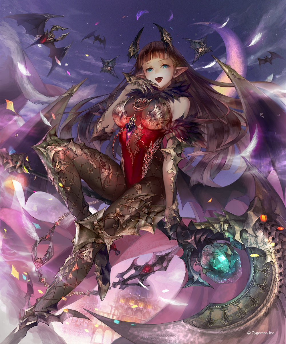 1girl, aloma, aqua_eyes, armor, bad_id, bad_pixiv_id, bat_(animal), black_legwear, black_wings, blunt_bangs, brown_hair, claws, company_name, detached_sleeves, fang, female_focus, full_body, high_heels, highres, horns, jewelry, leotard, long_hair, looking_at_viewer, night, official_art, open_mouth, pointy_ears, shadowverse, sitting, sky, smile, solo, very_long_hair, watermark, wings