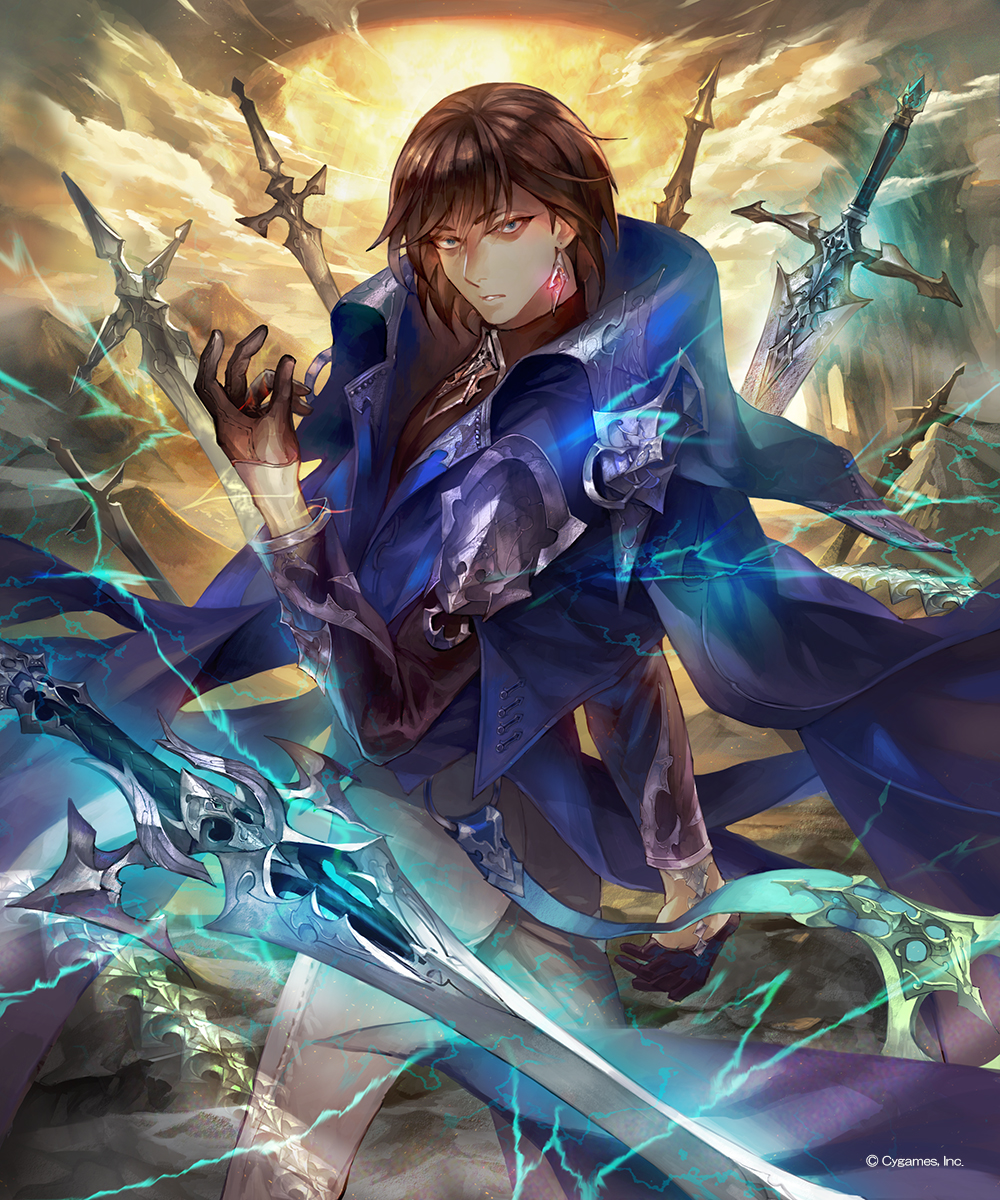 1boy, aloma, armor, bad_id, bad_pixiv_id, blue_cape, blue_eyes, brown_hair, cape, cloud, day, earrings, gloves, highres, jewelry, long_sleeves, looking_back, magic, male_focus, official_art, outdoors, pants, shadowverse, solo, standing, sword, twisted_torso, watermark, weapon