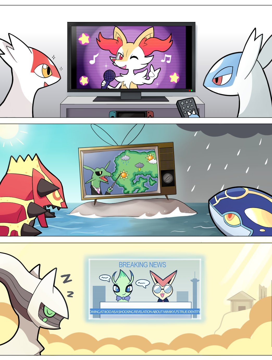 animal_ear_fluff, animal_nose, arceus, braixen, building, celebi, closed_eyes, clothed_pokemon, comic, commentary, controller, english_commentary, english_text, formal_clothes, furry, gen_2_pokemon, gen_3_pokemon, gen_4_pokemon, gen_5_pokemon, gen_6_pokemon, glasses, groudon, highres, komanychi, kyogre, latias, latios, legendary_pokemon, microphone, musical_note, mythical_pokemon, necktie, news, nintendo, nintendo_switch, pokemon, pokemon_(creature), primal_groudon, primal_kyogre, rain, rayquaza, remote_control, rock, silent_comic, sleeping, snout, star_(symbol), storm_cloud, suit, sun, television, v, victini, water, water_drop, zzz