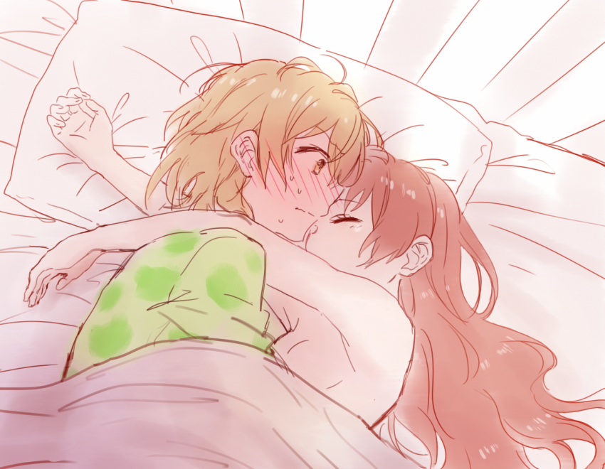 2girls, blanket, blush, brown_eyes, brown_hair, closed_eyes, clothed_female_nude_female, commentary_request