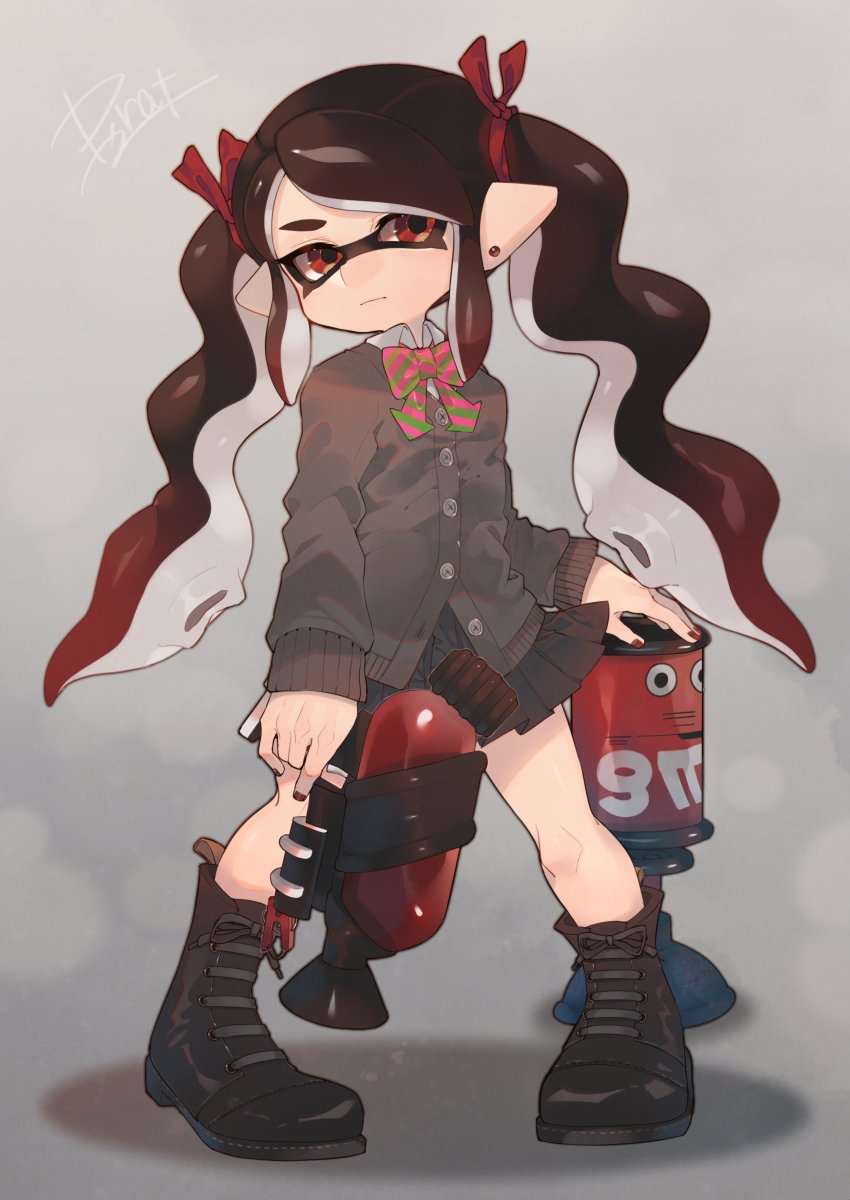 1girl, absurdres, artist_name, black_boots, black_hair, black_nails, black_skirt, boots