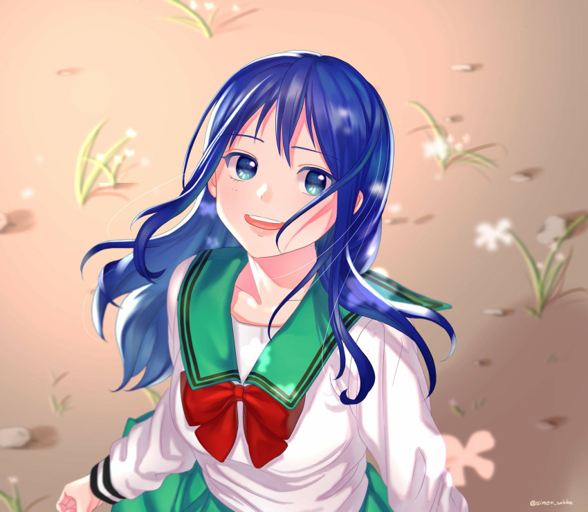 1girl, bad_id, bad_pixiv_id, blue_eyes, blue_hair, blurry, blurry_background, bow, flower, highres, long_hair, long_sleeves, looking_at_viewer, open_mouth, pink_background, red_bow, saiki_kusuo_no_psi_nan, school_uniform, serafuku, shirt, simen_sokka, simple_background, skirt, smile, teruhashi_kokomi, twitter_username, white_shirt