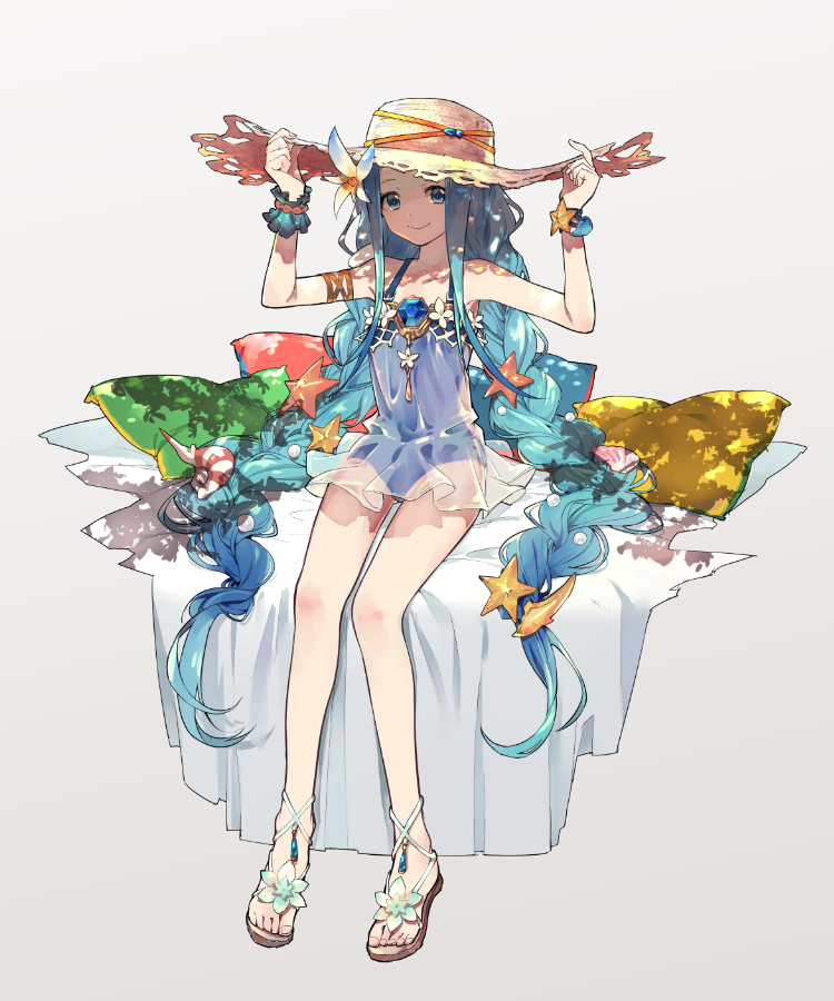 blue_eyes, blue_hair, dress, granblue_fantasy, hat, kaitara_deru, long_hair, lyria_(daughter_of_pearl)_(granblue_fantasy)