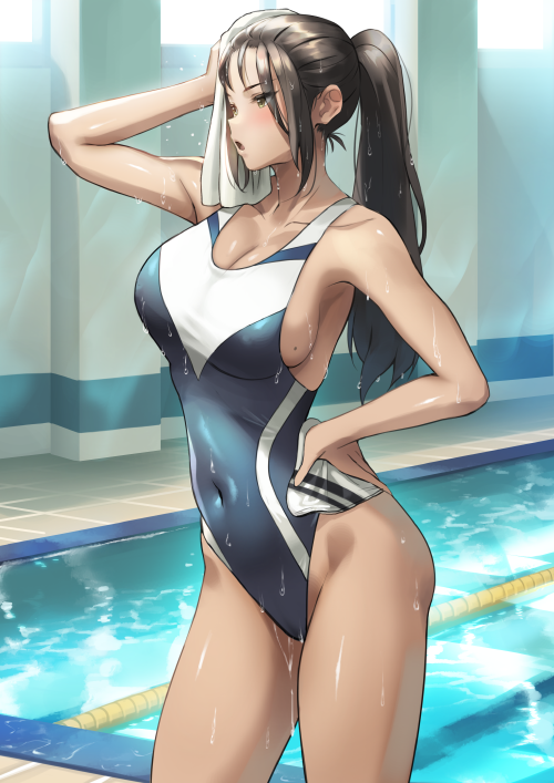 1girl, black_eyes, black_hair, breasts, cleavage, competition_swimsuit, female_focus, hand_on_own_hip