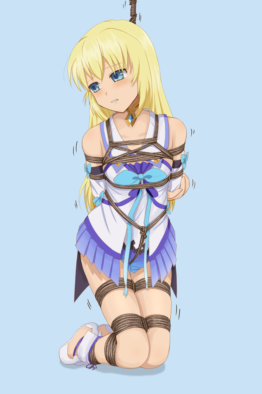 1girl, arms_behind_back, bdsm, blonde_hair, blue_background, blue_eyes, bondage, bound, bound_arms, bound_legs, box_tie, breasts, colette_brunel, colette_brunel_(shrine_maiden), commentary_request, crotch_rope, detached_sleeves, dress, female_focus, femuto, full_body, highres, jewelry, kneeling, legs_together, long_hair, looking_away, official_alternate_costume, restrained, rope, shibari, short_dress, simple_background, skirt, small_breasts, solo, tales_of_(series), tales_of_asteria, tales_of_symphonia