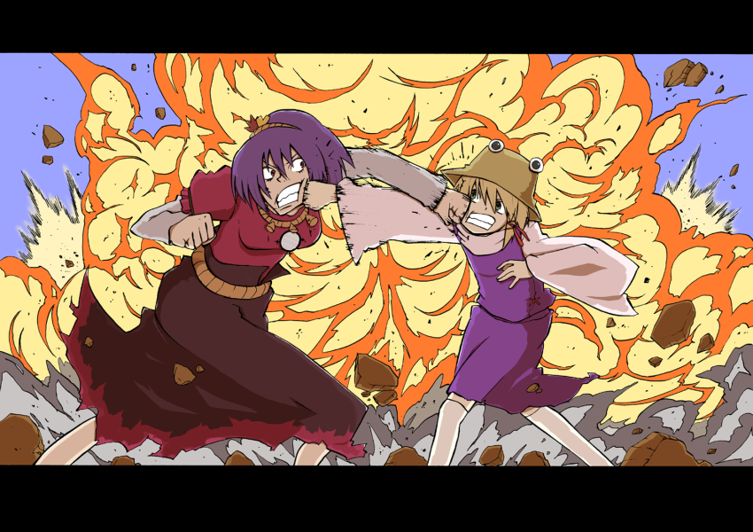 2girls, battle, blonde_hair, clenched_hands, crosscounter, explosion, female_focus, hat