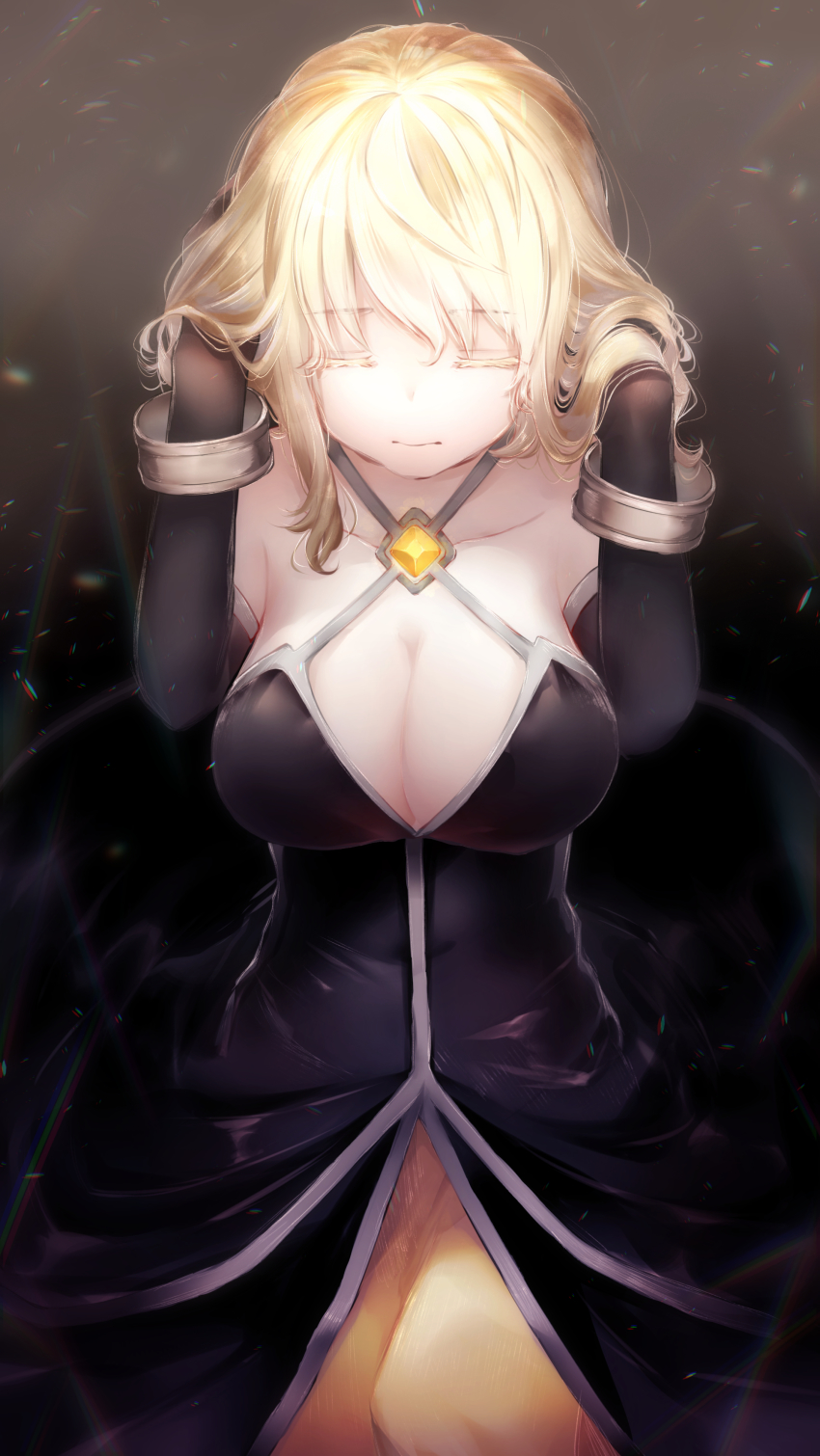 1girl, absurdres, arms_up, bare_shoulders, black_dress, blonde_hair, breasts, closed_eyes