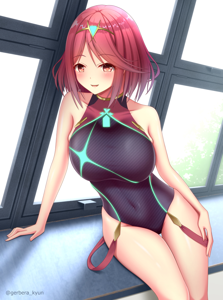 1girl, absurdres, artist_name, blush, breasts, competition_swimsuit, covered_navel, day, gem, gerbera_kyun, hair_ornament, headpiece, highres, jewelry, large_breasts, leaves, looking_at_viewer, nintendo, one-piece_swimsuit, open_mouth, pool, pyra_(pro_swimmer)_(xenoblade), pyra_(xenoblade), red_eyes, red_hair, sitting, sky, smile, sunlight, swept_bangs, swimsuit, thighs, tiara, turtleneck, twitter_username, xenoblade, xenoblade_chronicles_(series), xenoblade_chronicles_2