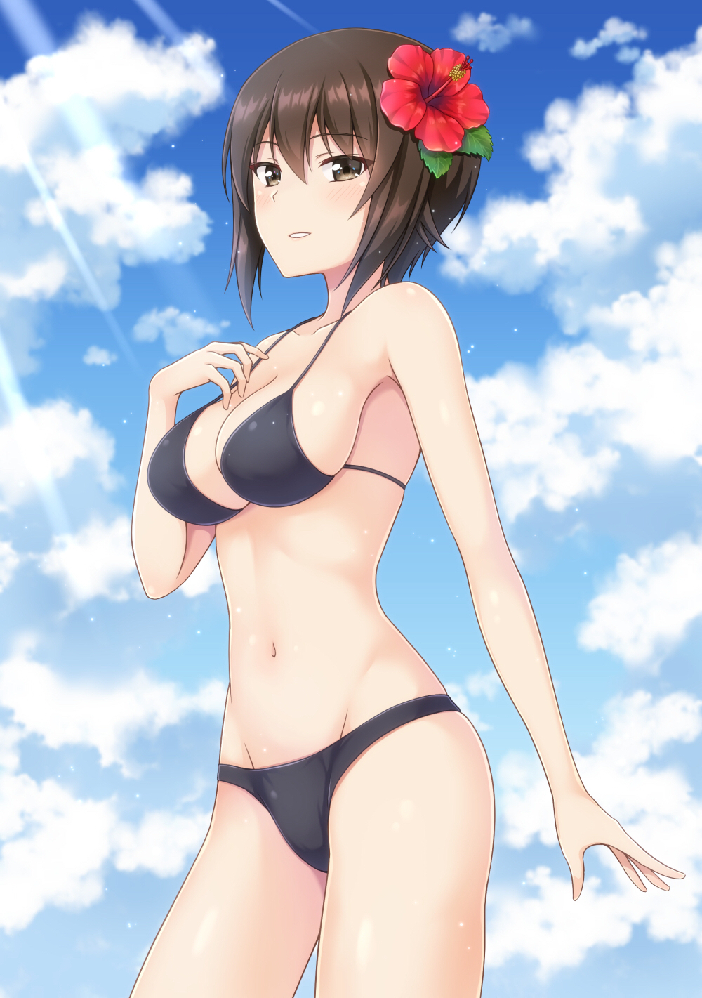 1girl, bare_shoulders, bikini, black_bikini, blue_sky, blush, breasts, brown_eyes