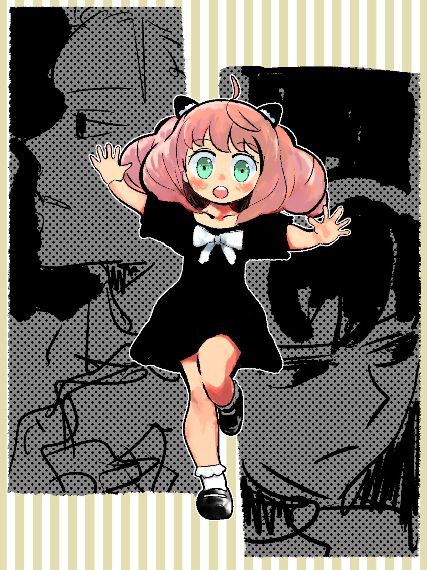 1boy, 2girls, :o, ahoge, anya_(spy_x_family), bad_id, bad_twitter_id, black_dress