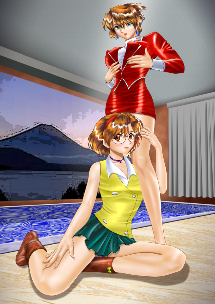 2girls, agent_aika, aida_rion, aika_(series), ass, boots, brown_eyes, brown_hair