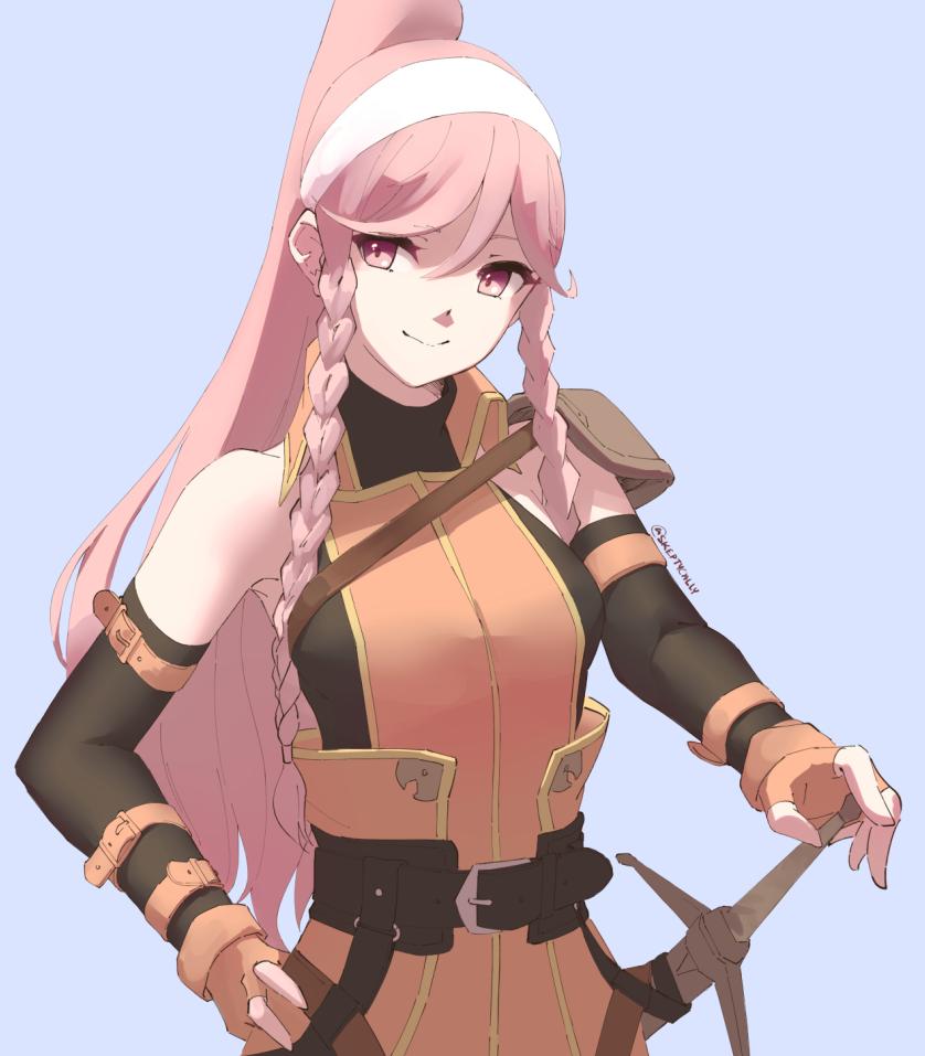 1girl, arm_strap, belt, braid, closed_mouth, cosplay, elbow_gloves, female_focus, fingerless_gloves, fire_emblem, fire_emblem:_path_of_radiance, fire_emblem_awakening, gloves, long_hair, mia_(fire_emblem), mia_(fire_emblem)_(cosplay), nintendo, olivia_(fire_emblem), pink_eyes, pink_hair, ponytail, sheath, sheathed, simple_background, skeptycally, smile, solo, sword, twin_braids, twitter_username, upper_body, weapon