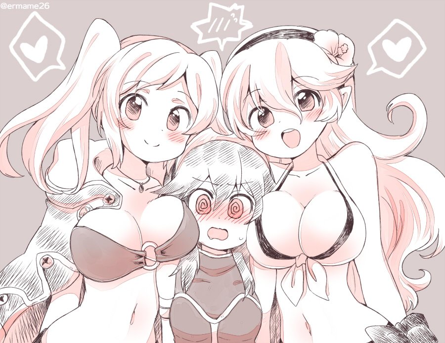 3girls, @_@, bikini, blush, breasts, cleavage, closed_mouth, eromame