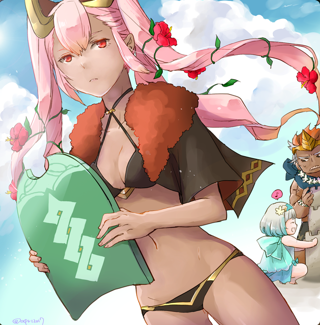 1boy, 2girls, bikini, blue_hair, blue_sky, closed_eyes, closed_mouth, cloud, dark-skinned_male, dark_skin, day, fire_emblem, fire_emblem_heroes, flower, from_side, fur_trim, gradient_hair, hair_flower, hair_ornament, helbindi_(fire_emblem), helbindi_(summer)_(fire_emblem), laevatein_(fire_emblem), laevatein_(summer)_(fire_emblem), laevateinn_(fire_emblem), long_hair, multicolored_hair, multiple_girls, navel, nintendo, one-piece_swimsuit, open_mouth, orange_hair, outdoors, pink_hair, plant, red_eyes, robaco, sand_castle, sand_sculpture, short_hair, short_sleeves, sky, squatting, swimsuit, twintails, twitter_username, vines, white_hair, wreath, ylgr_(fire_emblem), ylgr_(summer)_(fire_emblem)