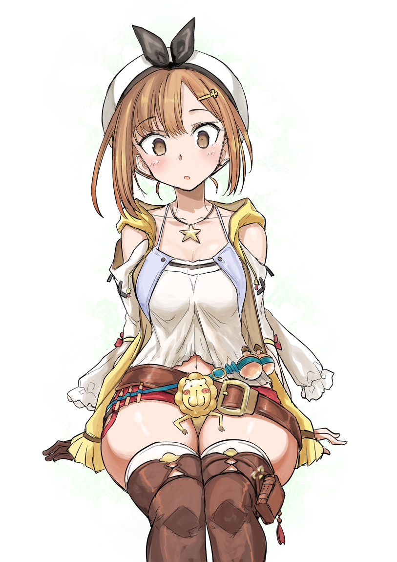 1girl, :o, atelier_(series), atelier_ryza, atelier_ryza_1, b.u.e.r., belt, beret